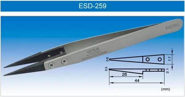 Antistatická nerezová pinzeta VETUS ESD-259 so zakončením z PPS – 2