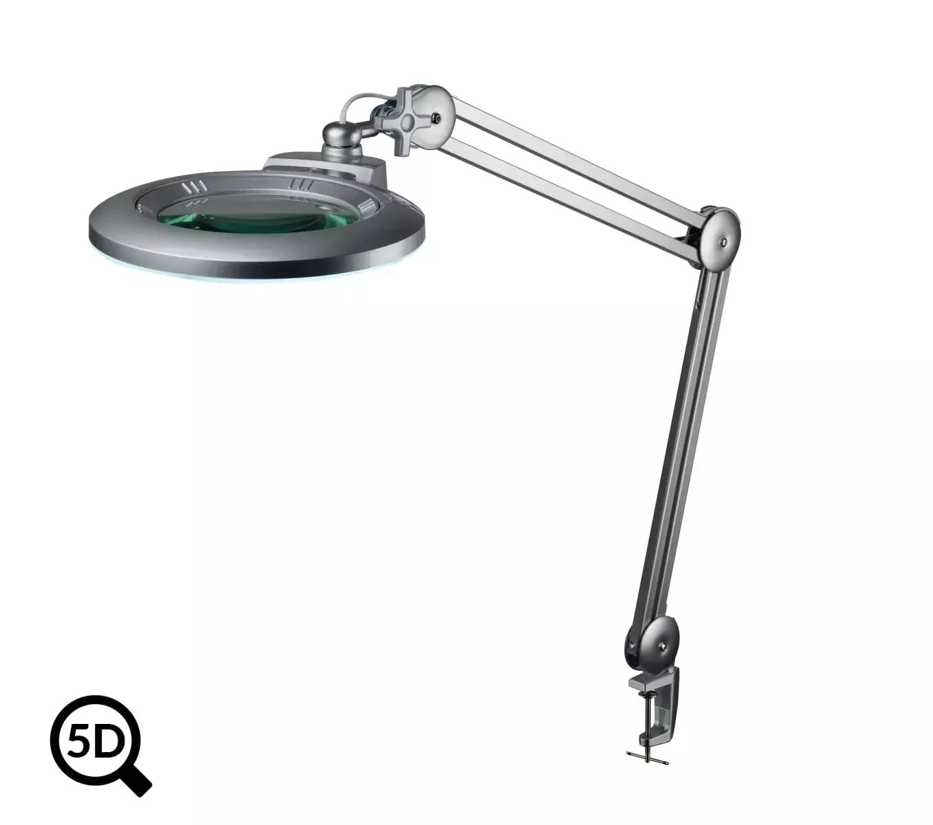 Šedá stolná lampa s lupou a reguláciou jasu IB-150, priemer 150mm, 5D