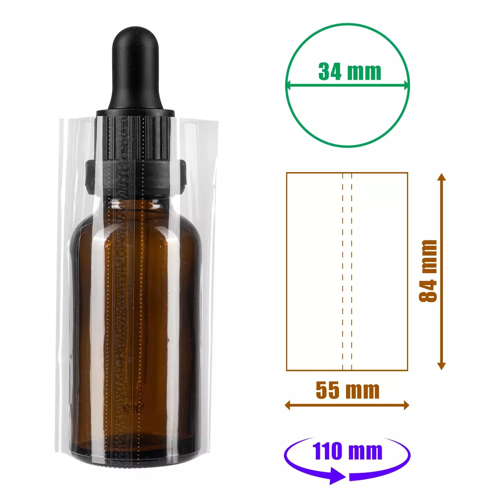 Priehľadná zmršťovacia fólia 84x55 mm s perforáciou na fľaše a obaly s priemerom do 34 mm